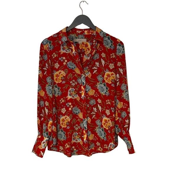 Loft Women's Button Down Blouse Long Sleeve Floral Collared Top Red‎ Size XS - Picture 1 of 9